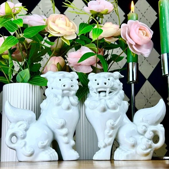 Foo Dog Pair Luxury White Set Ceramic Chinoiserie Guardians Vintage Luxury 6” - Picture 3 of 12